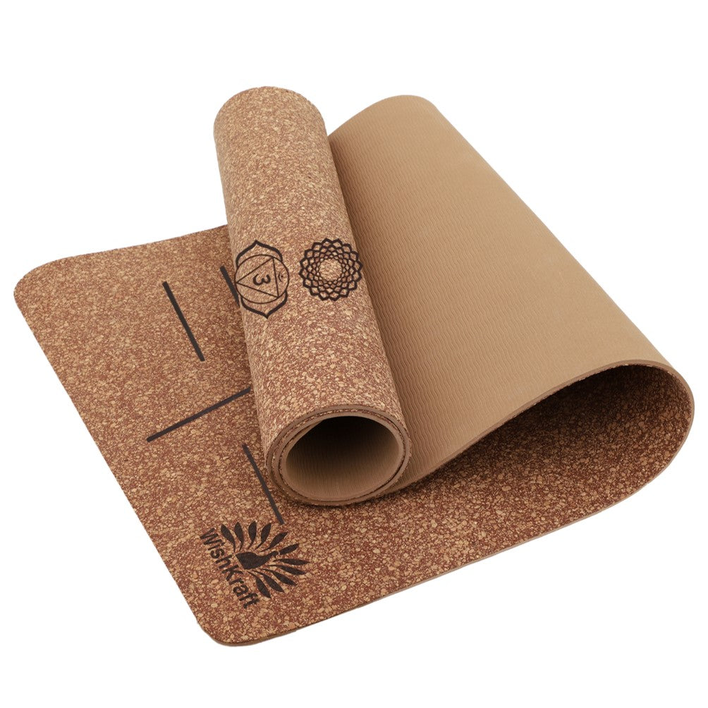 WishKraft CORK Yoga Mat with Body Alignment Lines Chakras [5 MM,  Carrying Strap] Non-Slip, Sweat Resistant, Cushioning Stability for  Yoga,